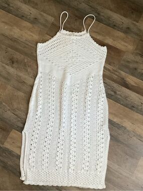 aerie White Strapless Crochet Midi Dress